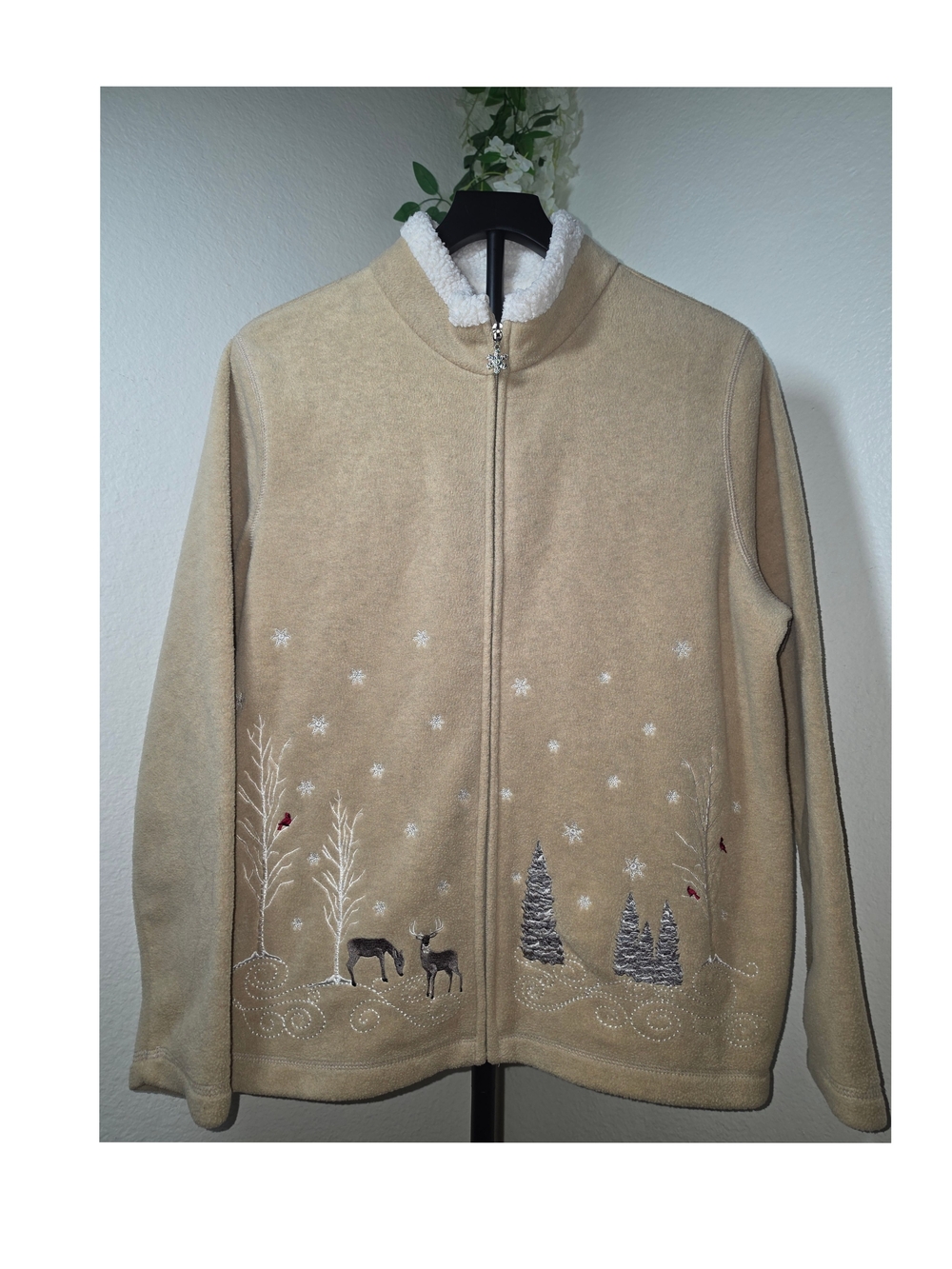 croft & barrow Beige Embroidered Teddy Fleece Jacket
